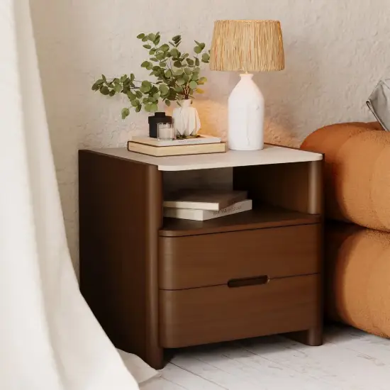 Arvona Modern Walnut Wooden 2-Drawer Nightstand with Sintered Stone Top