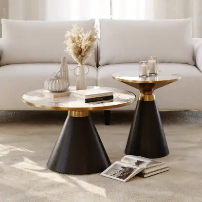 Picture of Sculra 2 Piece Set Round Black Sintered Stone Top Coffee Table(508 mm - 711 mm)