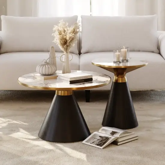 Sculra 2 Piece Set Round Black Sintered Stone Top Coffee Table(508 mm - 711 mm)