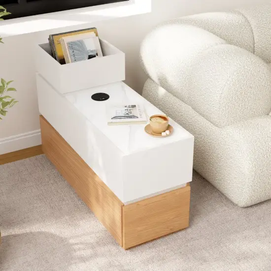 Modern 889 mm Narrow Sintered Stone End Table with USB & Storage – White – Natural