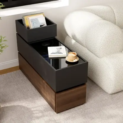 Picture of Modern 889 mm Narrow Sintered Stone End Table with USB & Storage – Black