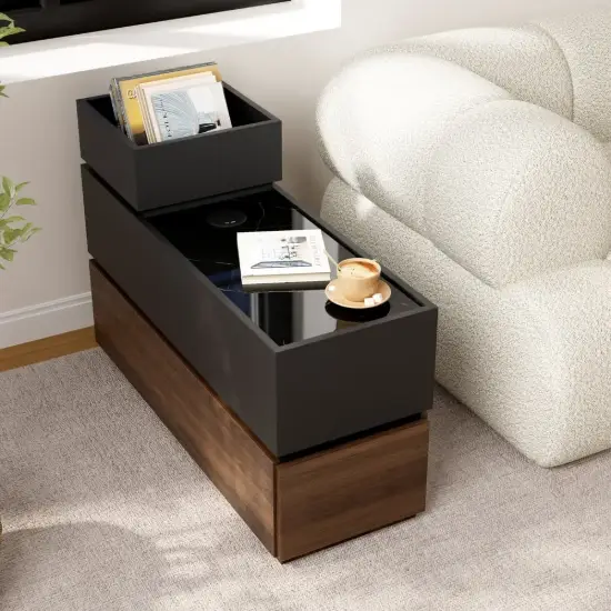 Modern 889 mm Narrow Sintered Stone End Table with USB & Storage – Black