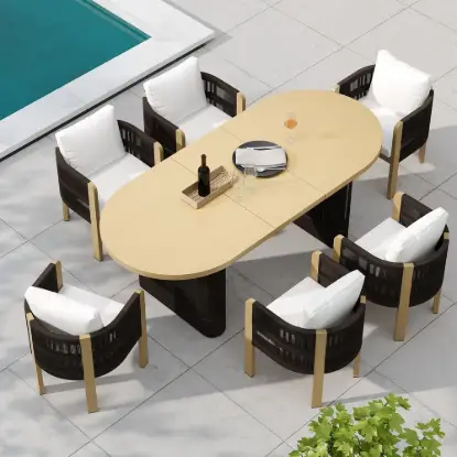 Costra 7-Piece Outdoor Rope Weave & Aluminum Extendable Dining Set with 6 Chairs in Black