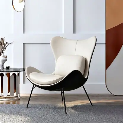 Picture of Faux Leather Wingback Slipper Accent Chair with Pillow & Metal Legs – Beige
