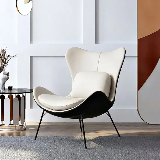 Faux Leather Wingback Slipper Accent Chair with Pillow & Metal Legs – Beige