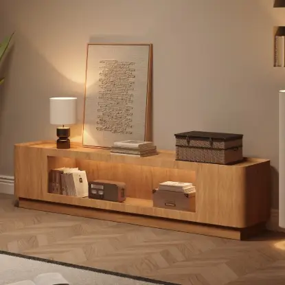 2000mm Natural Glass Door TV Stand with Storage and LED