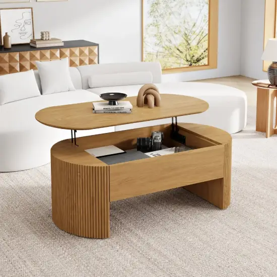 Modern 120 cm Natural Oval Fluted Coffee Table with Lift-top