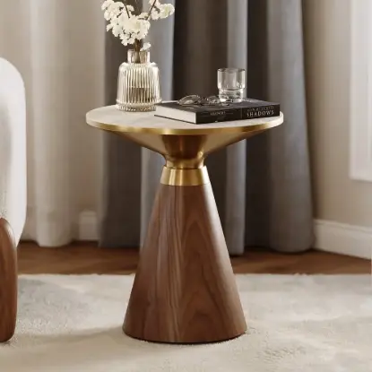 Picture of Sculra Modern 55 cm Walnut Pedestal End Table with Travertine Top