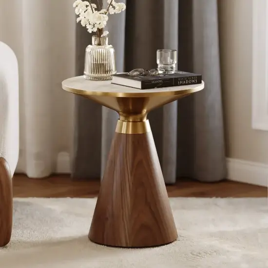 Sculra Modern 55 cm Walnut Pedestal End Table with Travertine Top