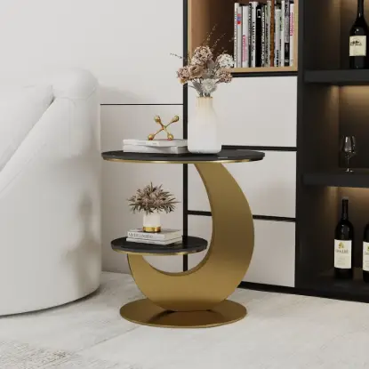 Picture of Modern 51 cm Black Round Sintered Stone End Table with 2 Tiers