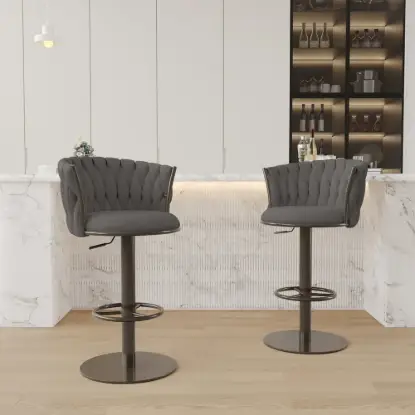 Modern Grey & Black Velvet Adjustable Bar Stool with Swivel, 2 Pieces