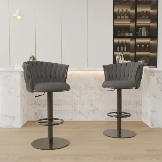 Modern Grey & Black Velvet Adjustable Bar Stool with Swivel, 2 Pieces