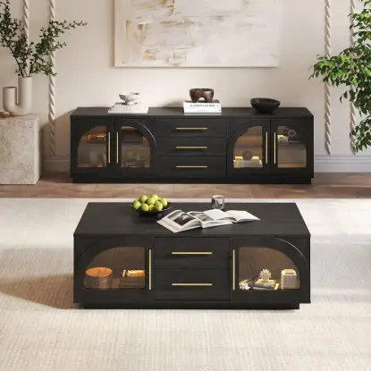 Arune 1829 mm Arched Glass Doors TV Stand Coffee Table Set with Storage and LED – Black