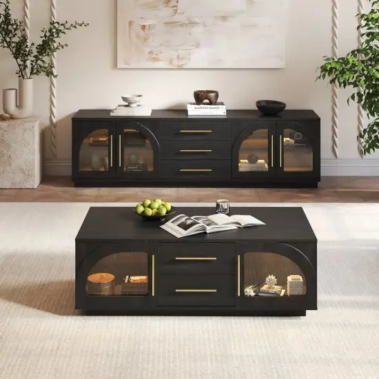 Arune 1829 mm Arched Glass Doors TV Stand Coffee Table Set with Storage and LED – Black