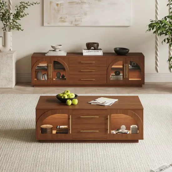 Arune 1829 mm Arched Glass Doors Walnut TV Stand Coffee Table Set with Storage and LED