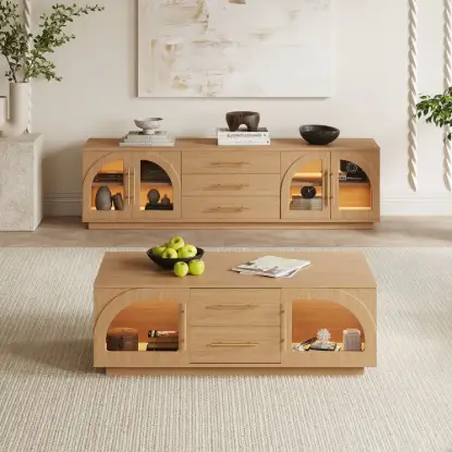 Arune 1829 mm Arched Glass Doors TV Stand Coffee Table Set with Storage and LED – Natural