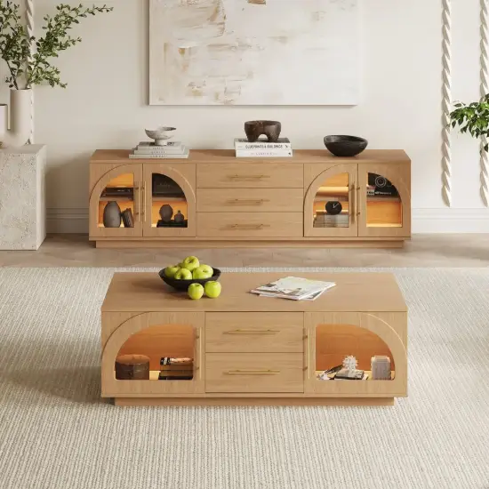 Arune 1829 mm Arched Glass Doors TV Stand Coffee Table Set with Storage and LED – Natural
