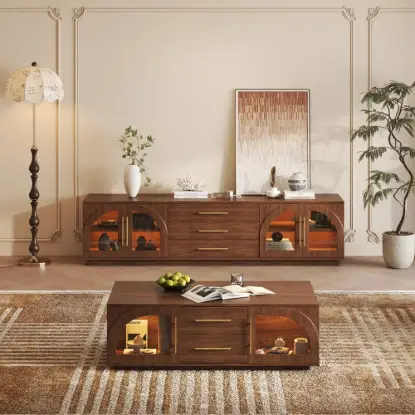 Arune 1829 mm Arched Glass Doors TV Stand Coffee Table Set with Storage and LED – Walnut