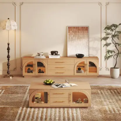 Arune 2032 mm Arched Glass Doors TV Stand Coffee Table Set with Storage and LED – Natural