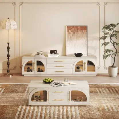 Arune 2032 mm Arched Glass Doors TV Stand Coffee Table Set with Storage and LED – Whitewash
