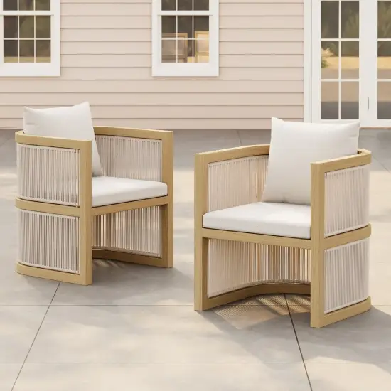 Wevara 2 Pieces Modern Aluminium & Ropes Outdoor Patio Dining Chair Set in Walnut & Oatmeal