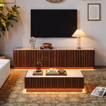 Aura TV Stand Set of Ash Wood Slatted TV Stand & Coffee Table with Sintered Stone Top – Walnut
