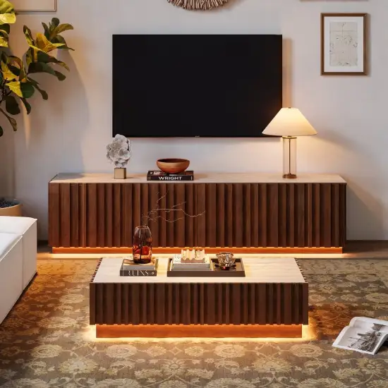 Picture of Aura TV Stand Set of Ash Wood Slatted TV Stand & Coffee Table with Sintered Stone Top – Walnut