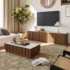 Picture of Aura TV Stand Set of Ash Wood Slatted TV Stand & Coffee Table with Sintered Stone Top – Walnut