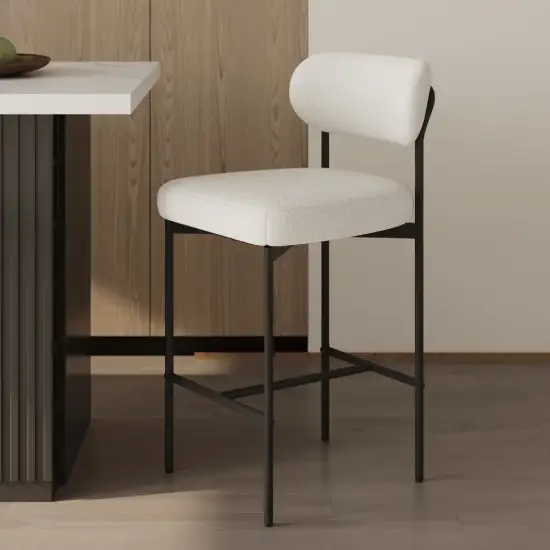 Modern Boucle White Counter Stool Set of 6 with Back & Footrest