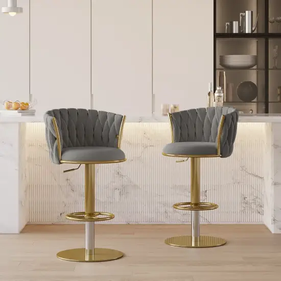 Modern Grey & Gold Velvet Adjustable Bar Stool with Swivel, 4 Pieces