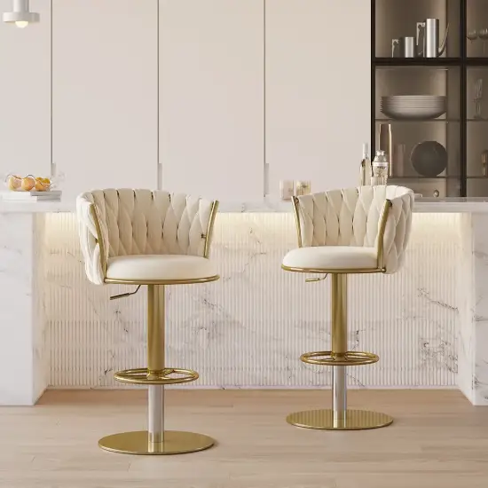 Modern Warm White & Gold Velvet Adjustable Bar Stool with Swivel, 6 Pieces
