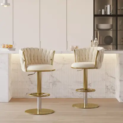 Modern Warm White & Gold Velvet Adjustable Bar Stool with Swivel, 8 Pieces
