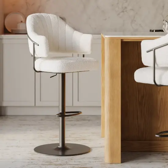 Modern Warm White Boucle Adjustable Swivel Counter Stool with Matte Black Base, 4 Pieces