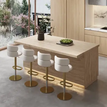 1830mm Japandi Kitchen lsland Grey & 2 Counter Stools Set Wooden Storage Cabinet – AUD-H2270