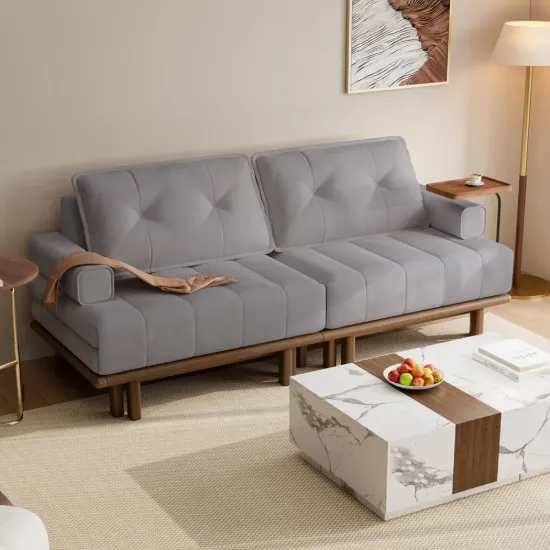 Queen 3-Seater Performance Leather Convertible Futon Bed with Side Table