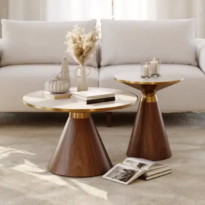 Picture of Sculra 2 Piece Set Round Walnut Travertine Sintered Stone Top Coffee Table (508 mm - 711 mm)