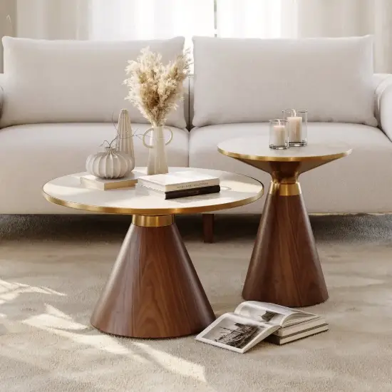 Sculra 2 Piece Set Round Walnut Travertine Sintered Stone Top Coffee Table (508 mm - 711 mm)