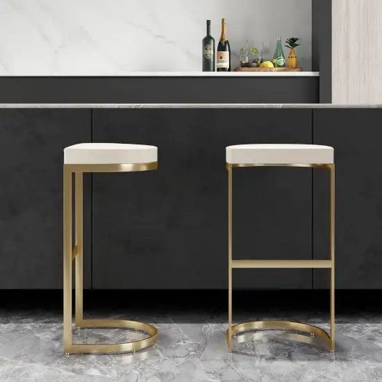 Modern Off-White PU Leather Counter Stool Stainless Steel Gold Frame Set of 2