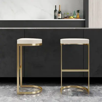 Modern Off-White PU Leather Counter Stool Stainless Steel Gold Frame Set of 4