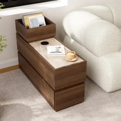 Picture of Modern 889 mm Narrow Travertine Stone End Table with USB & Storage
