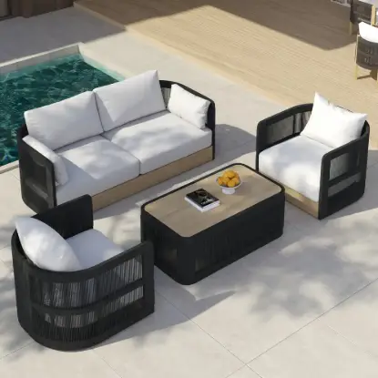 Picture of Costra 4-Piece Outdoor Rope Weave Swivel Sofa Set with Coffee Table in Black for 4