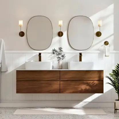 Modern 150 cm Floating Double Bathroom Vanity with Stone Resin Top, Ceramic Basin