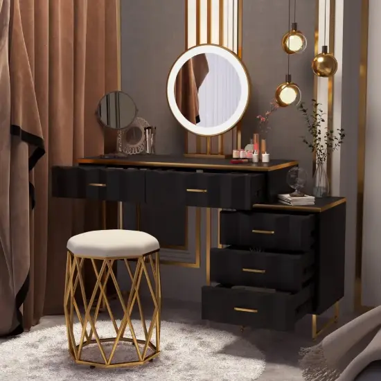 Modern Extendable Dressing Table with 5 Drawers, Stool & LED Mirror