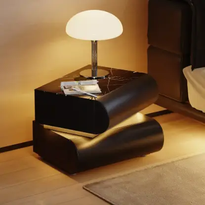 Picture of Humply Black Faux Leather 2-Drawer LED Nightstand with Charging Station, Set of 2