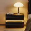 Picture of Humply Black Faux Leather 2-Drawer LED Nightstand with Charging Station, Set of 2