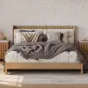 Modern Queen Natural Platform Bed with Boucle Headboard Pillows