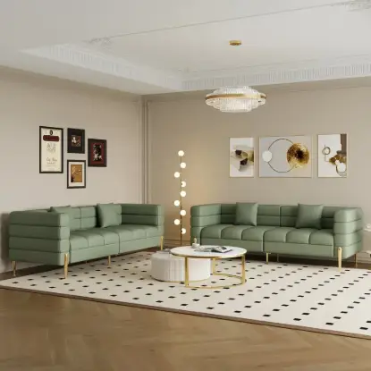 Axial 200 cm Faux Leather Fluted Sofa with Gold Legs & Pillows, Set of 2 – Aurora Performance – AUD-H2320