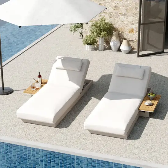 Wood & Aluminium Outdoor Lounger Daybed Patio Furniture in Warm White Cushion Set of 2