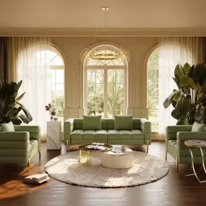Axial Performance Leather Accent Chair 2007 mm Fluted Sofa with Gold Legs & Pillows – AUD-H2327