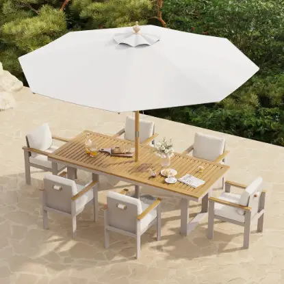 Tevara 8-piece Rectangle Wood & Aluminium Outdoor Dining Set with Central Pillar Umbrella